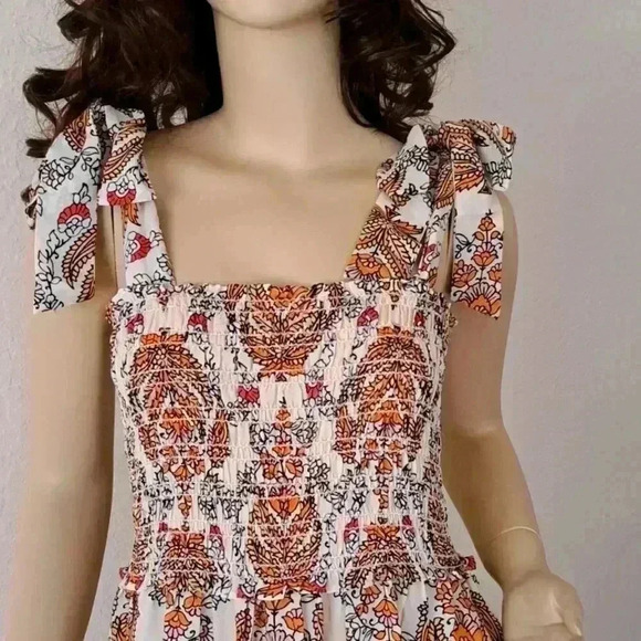 DRESS Max Studio Tie Strap Smocked Large Cream/Orange Paisley Wallpaper - Picture 3 of 7